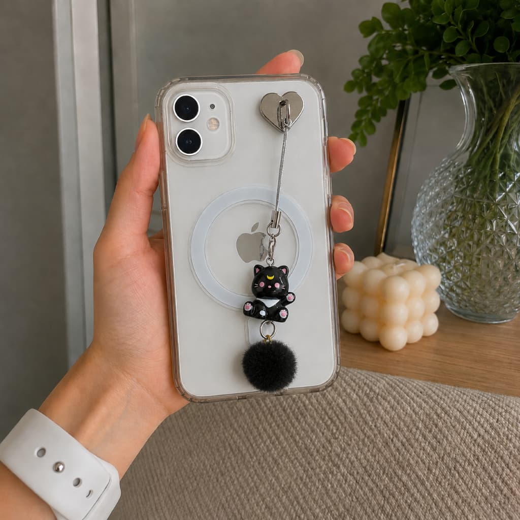 Mini Gatinho fofo com Pompom Pelúcia Preto | Phone Strap Kawaii
