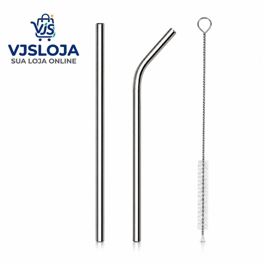Kit 3 peças Canudo de Metal Reutilizável Reto, Curvado + Escova de Limpeza | Aço Inoxidável