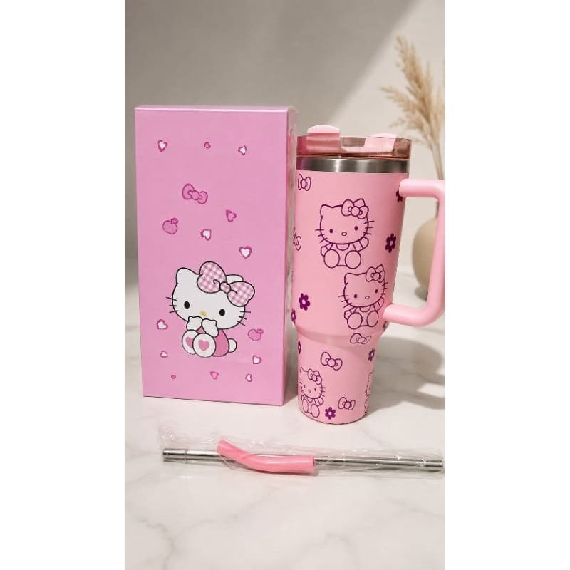 copo garrafa térmica hello kitty rosa vem com a caixa personalizada e com canudo de inox