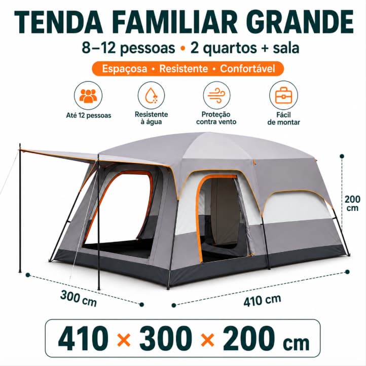 Barraca Familiar Grande para Camping 2 Quartos e Sala 410x300x200cm
