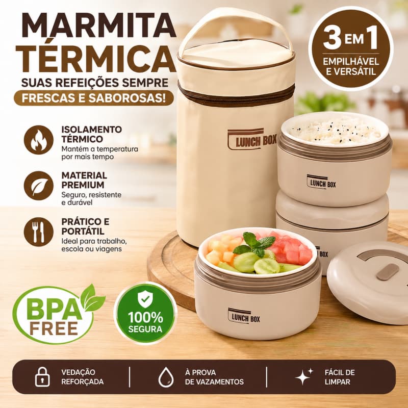 Lancheira Térmica 3 Peças Aço Inox 316, 420ml+420ml+620ml, Aquecível Micro-ondas, Kit com Bolsa Térmica e Talheres