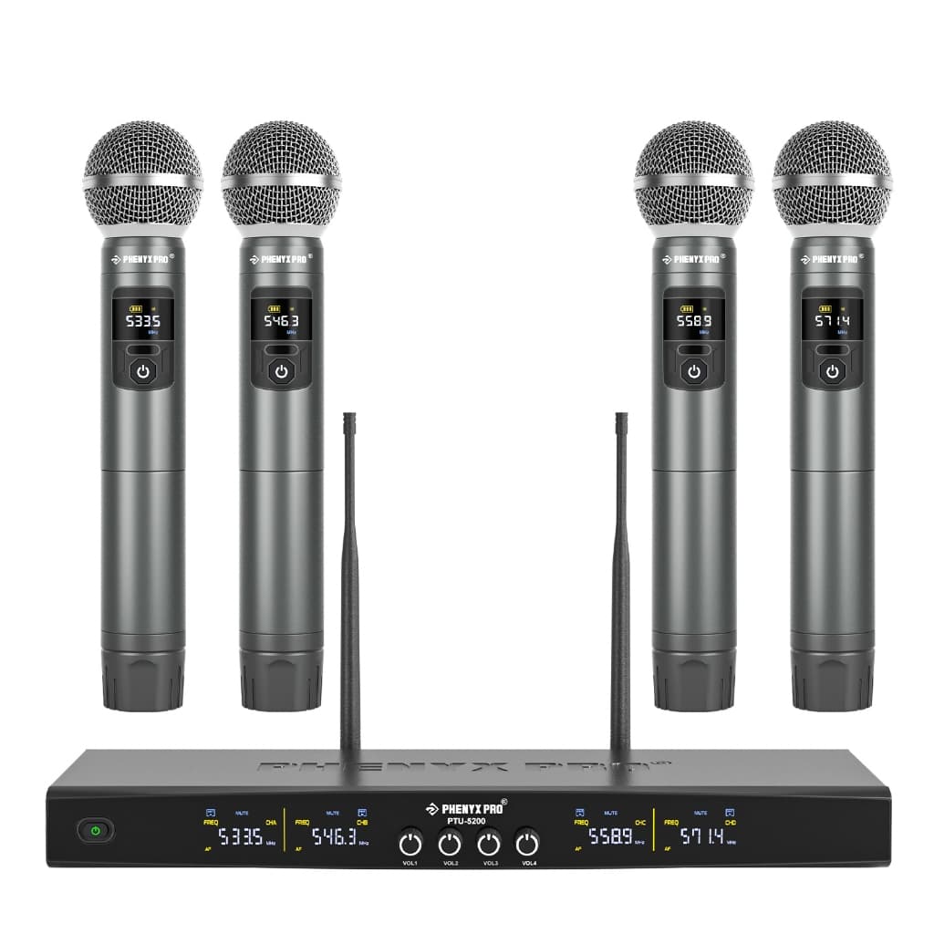 Phenyx Pro PTU-5200 Sistema Microfone Sem Fio UHF 4 Canais com 4 Microfones de Mão para Karaokê Show