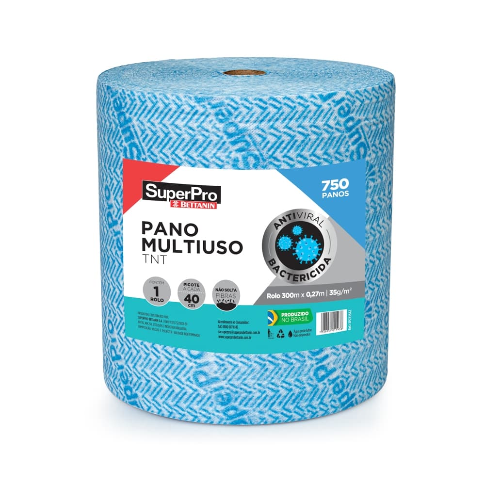 Pano Multiuso Bettanin SuperPro Rolo 300m Azul 27cm Tipo Perfex 750 Panos Limpeza Profissional Cozinha Casa Empresa