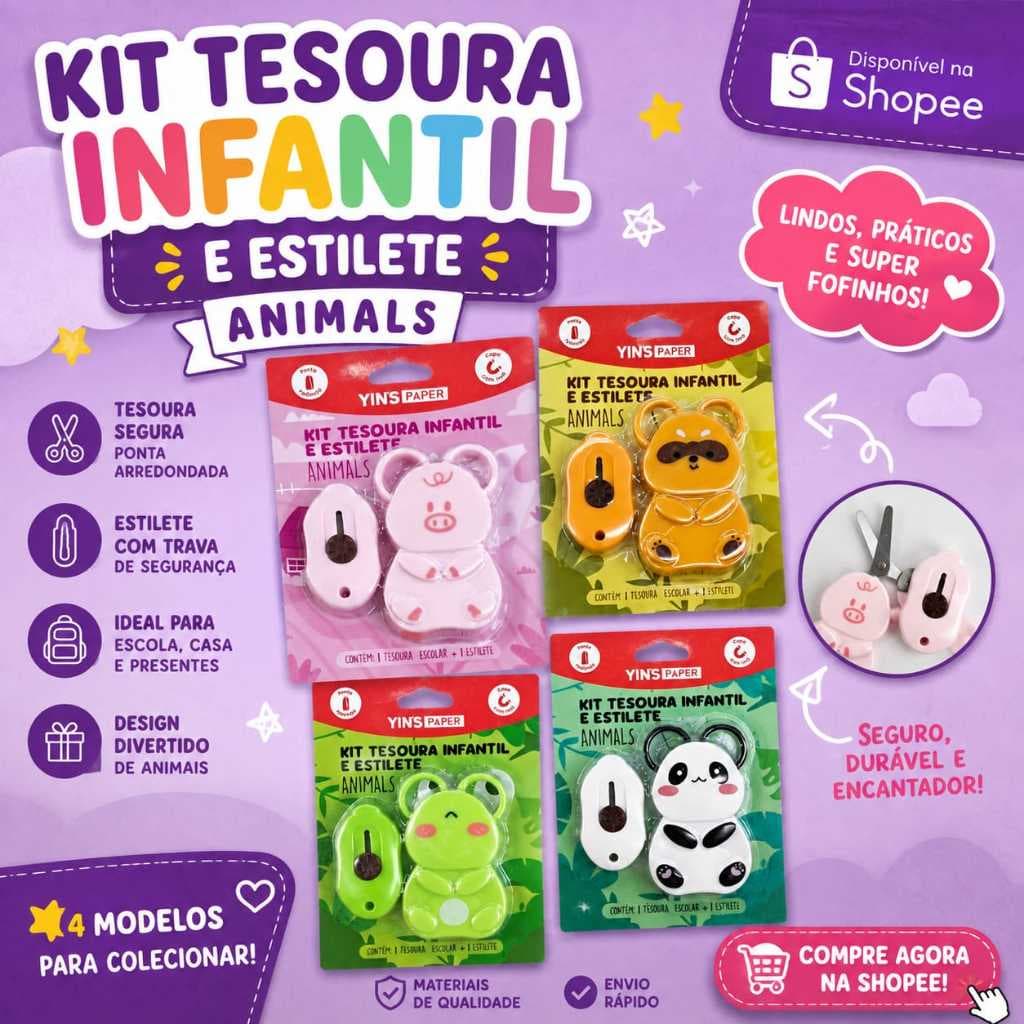 KIT TESOURA INFANTIL + ESTILETE ANIMALS 🐼🐷🐻🐸