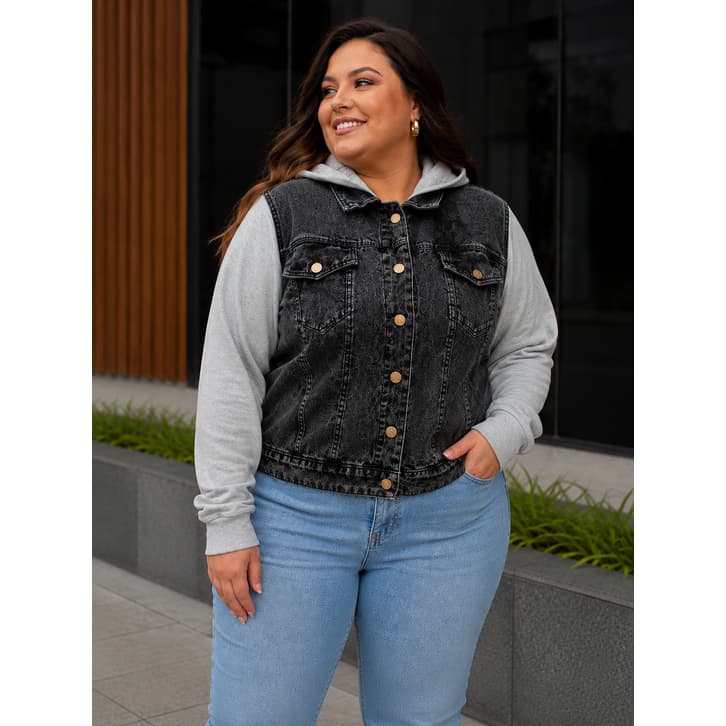 Jaqueta Feminina Plus Size Jeans com Mangas de Moletom Meia Estação