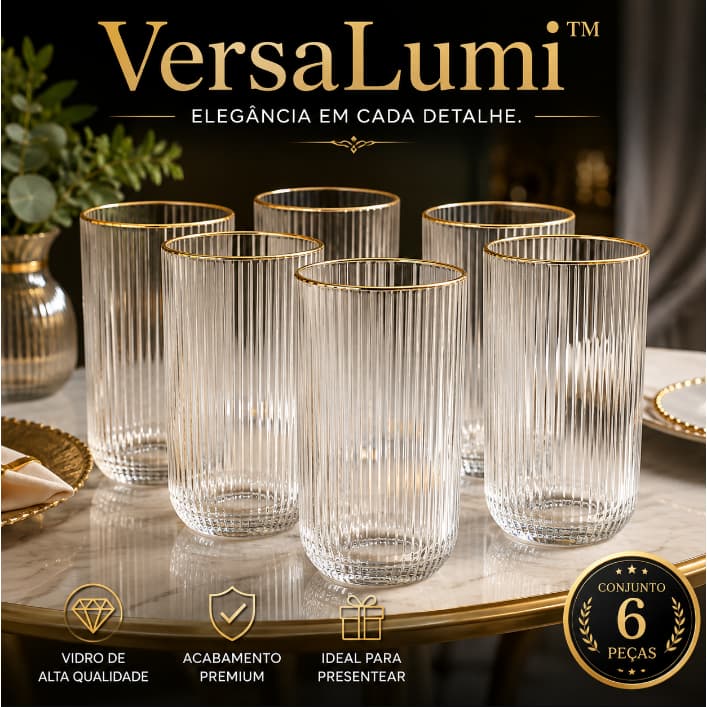 VersaLumi - Conjunto Copos Vidro Elegante Borda Dourada 6 Unidades Alta Qualidade