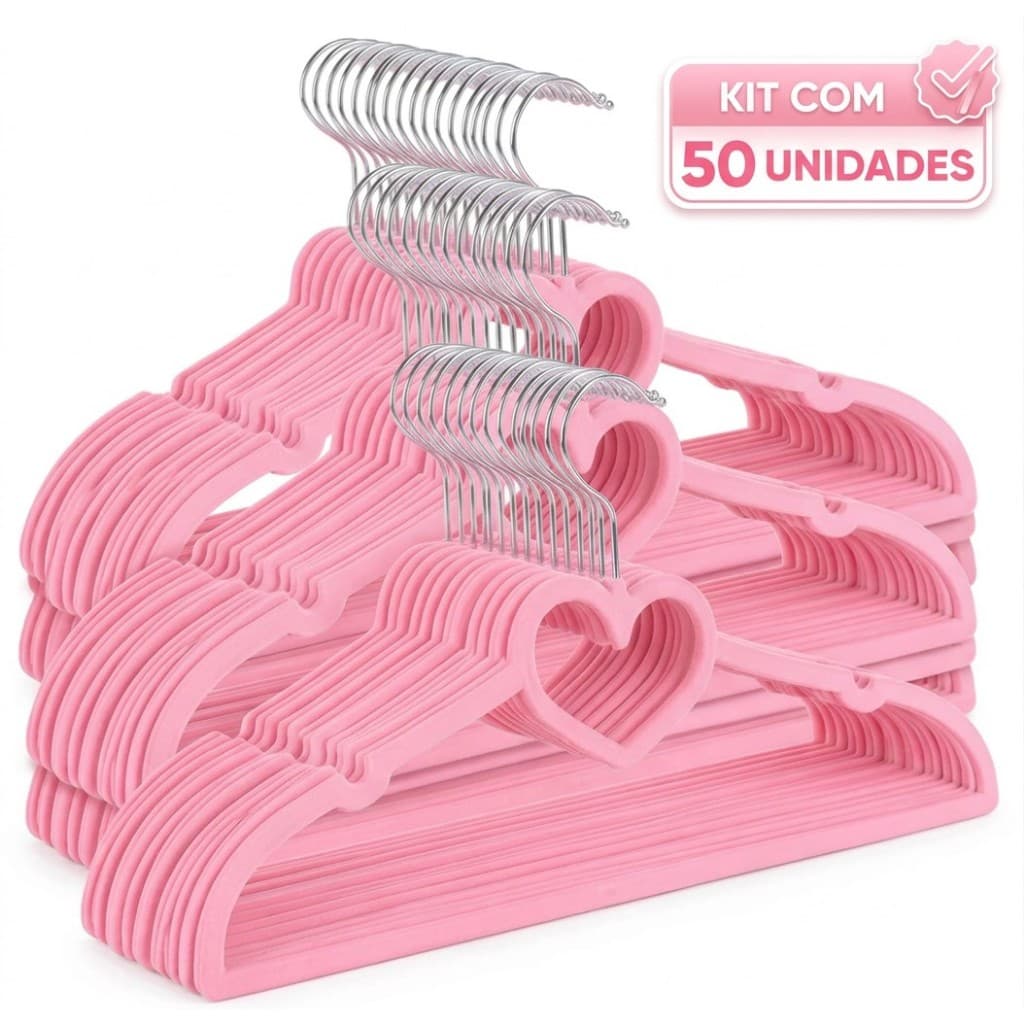 Kit 50 Cabide Infantil Veludo Slim Antideslizante Ultra Fino - Rosa Coração