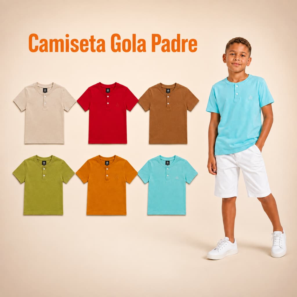 Kit 2 Camisetas Gola Padre Infantil Algodão 2 Botões