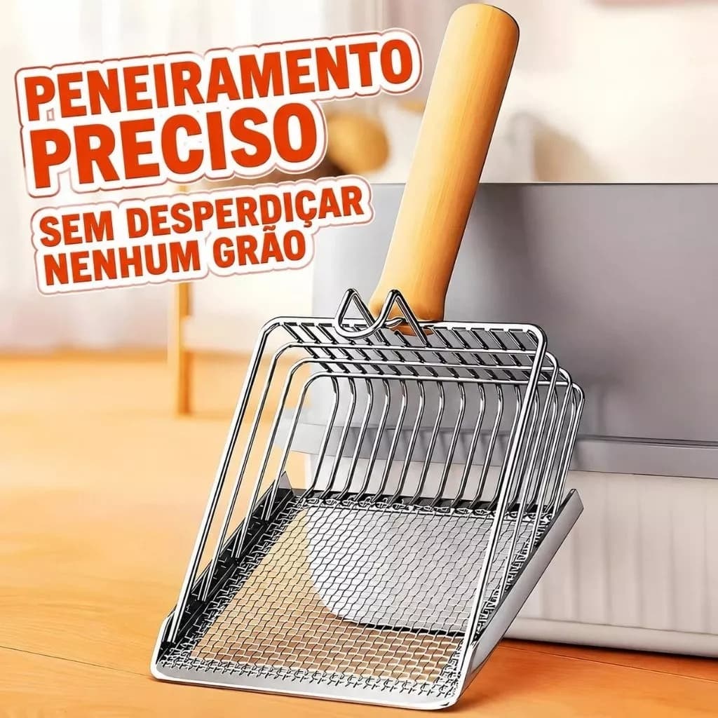 Pá Higiênica para Gatos em Aço Inox 2 em 1 Peneira para Areia de Gato com Cabo de Madeira