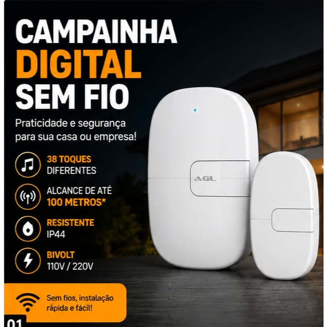 Campainha Digital Sem Fio AGL Alcance de até 100 Metros