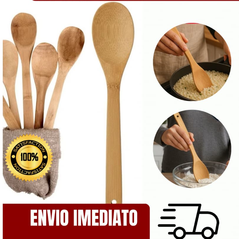Kit Colher De Pau Bambu Para Cozinhar Madeira Bamboo Media 30cm Para Cozinha
