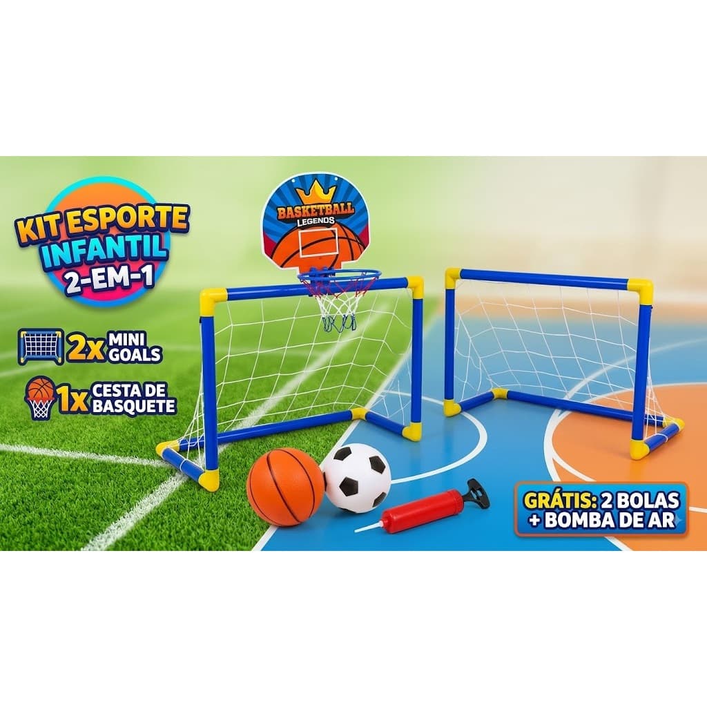 Kit 2 Mini Gol + Cesta Basquete Infantil Brinquedo de Criança Futebol Travinha