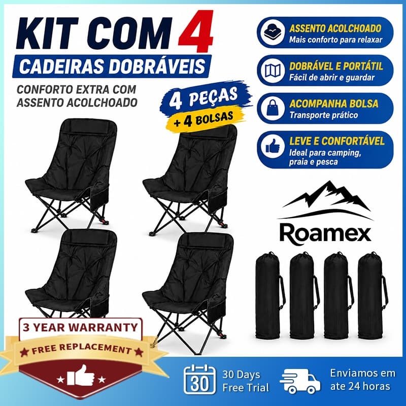 Kit 4 Cadeiras de Camping Acolchoadas Dobráveis com 4 Bolsas, Cadeira Lua Portátil Confortável para Praia, Pesca, Viagem