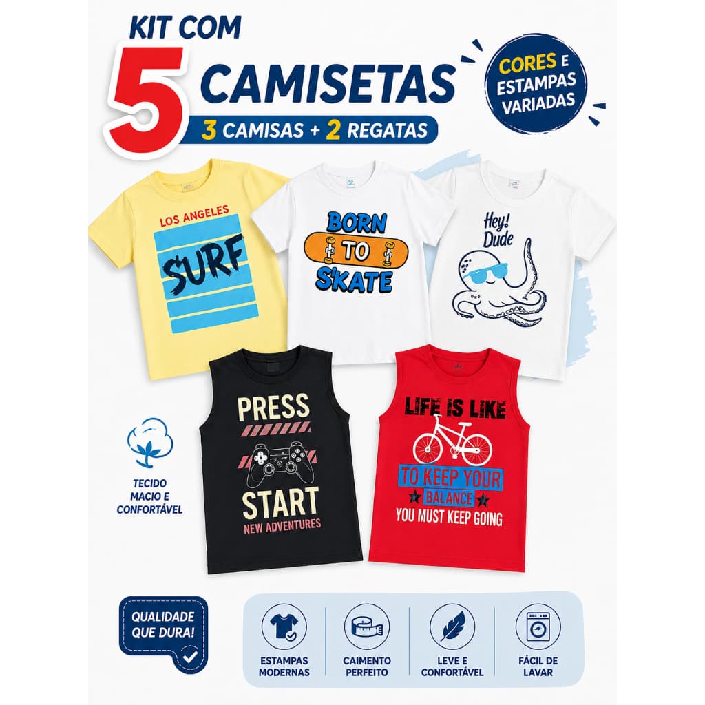 Kit Com 5 Camisetas Infantil Menino Estampas Variadas