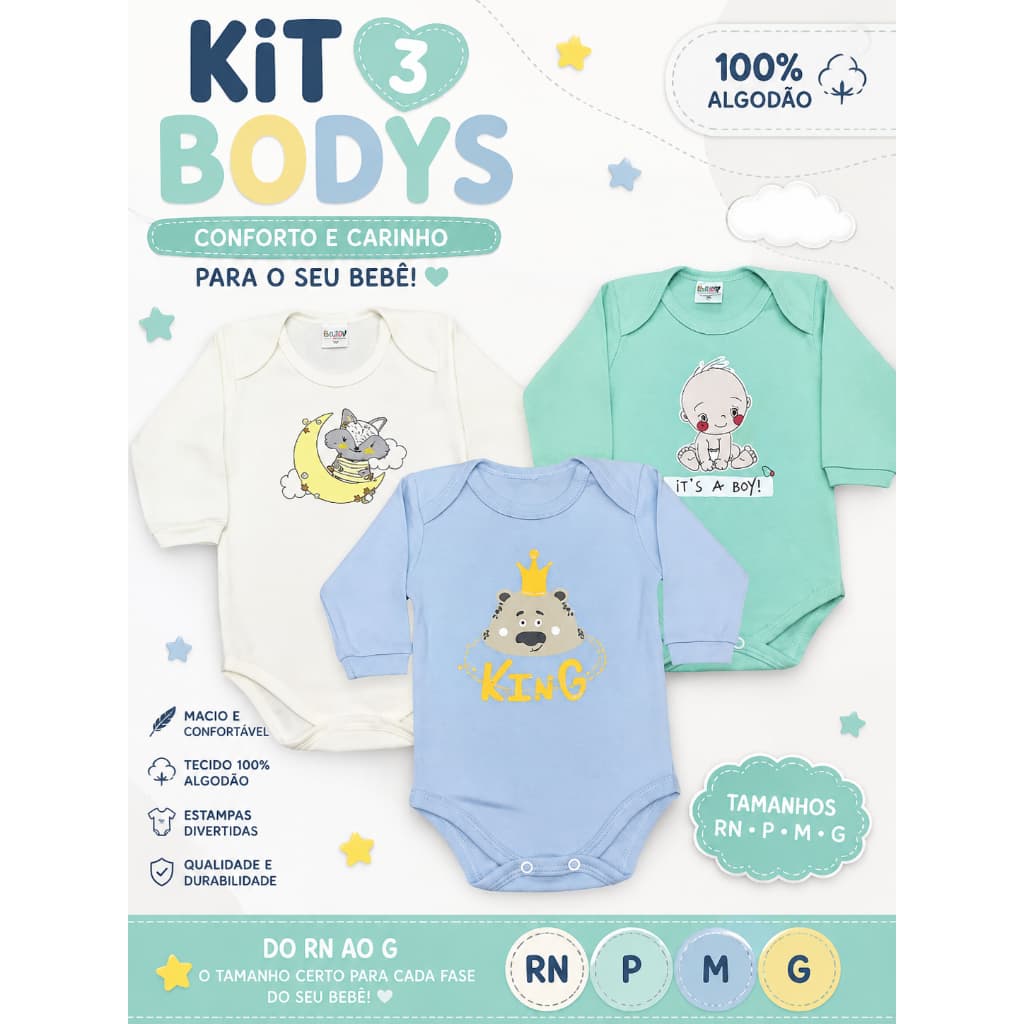 Kit com 3 Body com Manga Bebê Menino Sortidos