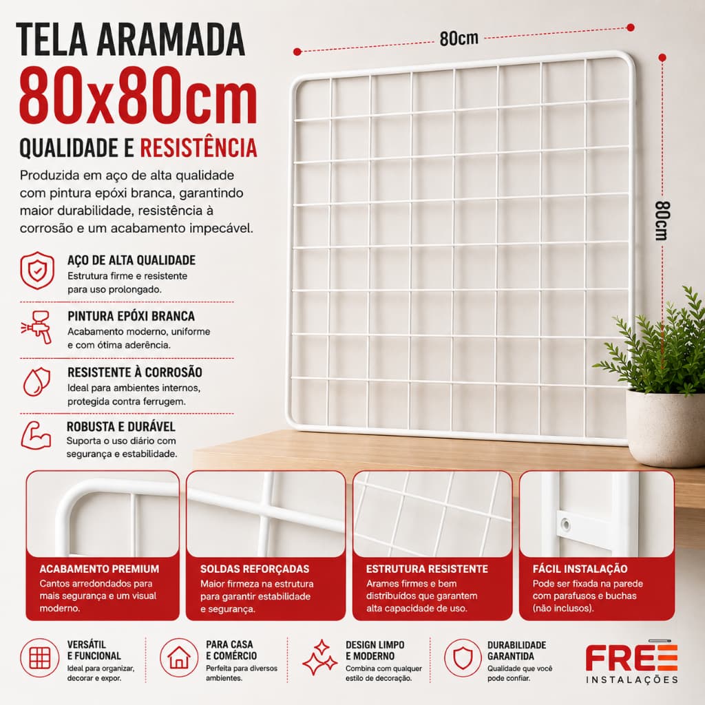 Tela Aramada Expositora 80x80 Branca Painel de Aço Organizador Parede Loja Decoração
