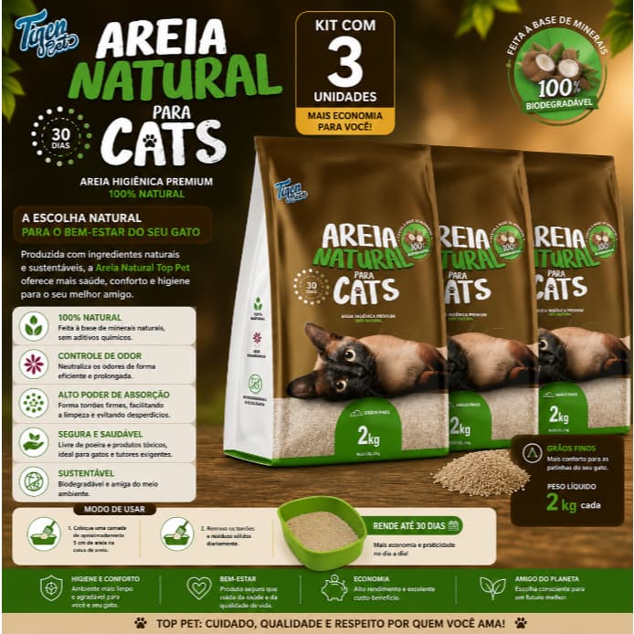 KIT C/3 UND AREIA HIGIENICA BIODEGRADAVEL 2 KGS - MANDIOCA PCT MARROM