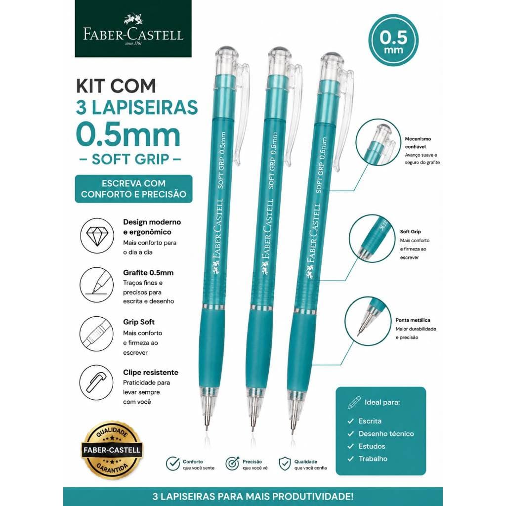 kit 3 Lapiseira Faber - Castel 0,5mm Soft Grip c/ Borracha - Azul