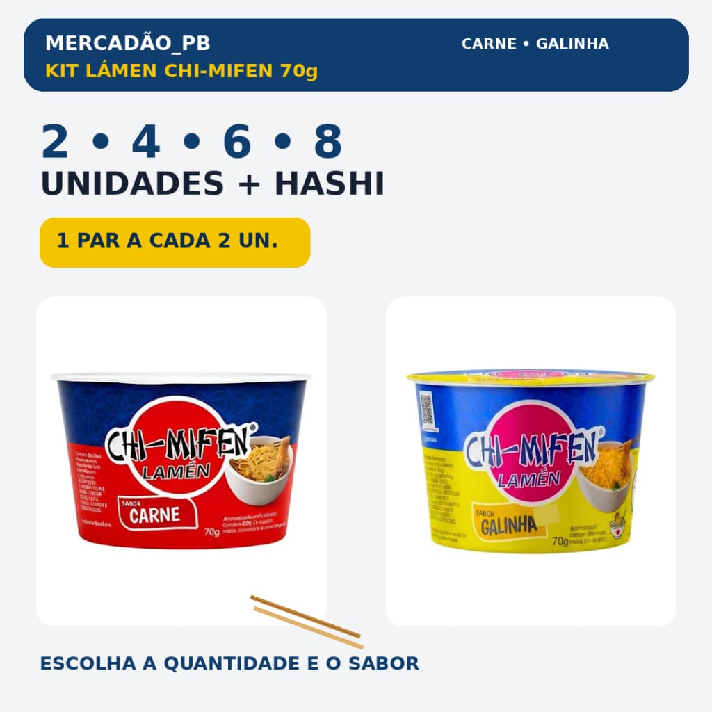 Kit Lámen Chi-Mifen 70g Macarrão Instantâneo + Hashi