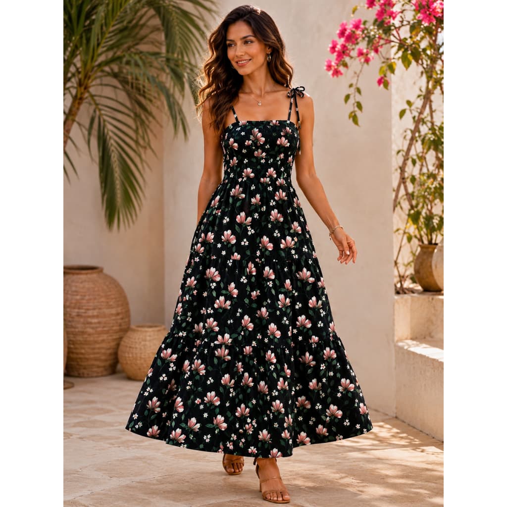 Vestido Longo Floral Feminino com Alças Ajustáveis de Laço, Busto Lastex, Elegante Casual para Verão e Viagem