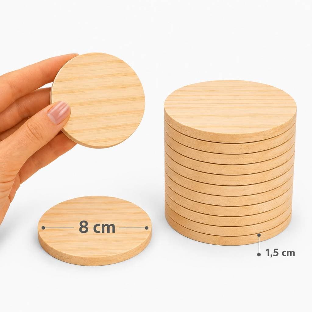 kIT 10 BOLACHA REDONDA DE PINUS 8 CM — MADEIRA NATURAL | 15 MM - PLACA REDONDA MADEIRA PINUS