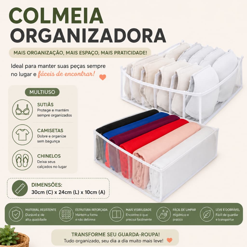 Organizador de Gaveta para Sutiãs Camisetas e Chinelos Colmeia 30x24x10cm