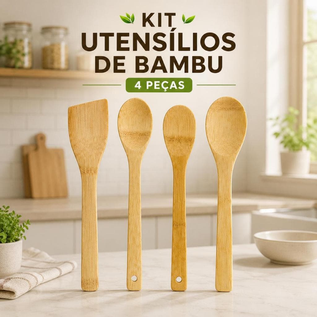 Kit Utensílios de Cozinha Bambu 4 Peças Colher Espátula Talheres de Madeira