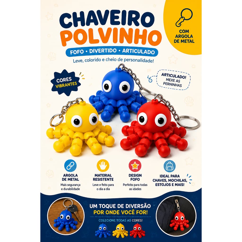 Chaveiro Polvo 3D Articulado – Mini Polvinho Colorido para Mochila, Bolsa e Chaves
