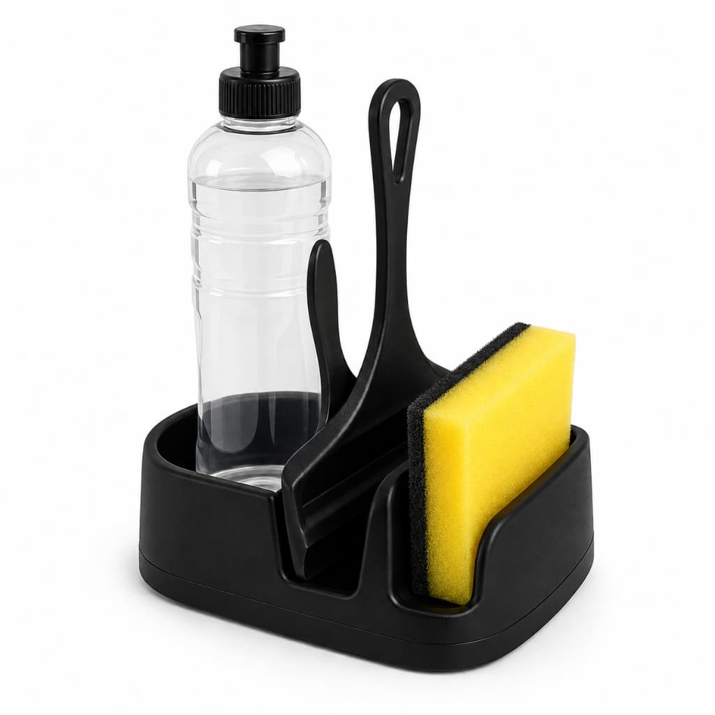 Suporte para Detergente e Esponja com Porta Rodo - Organizador de Pia Preto Escorredor