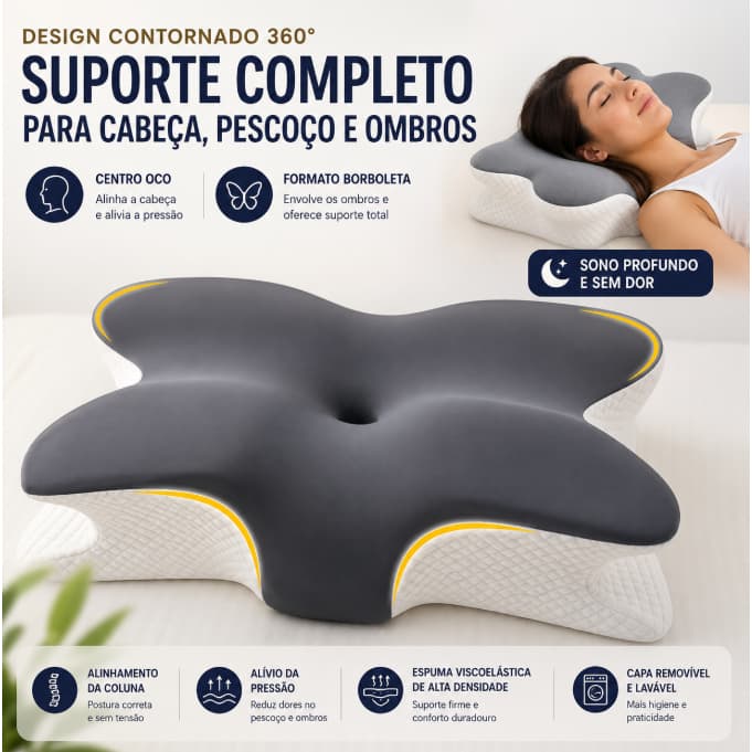 Travesseiro Cervical Ortopédico Ergonômico - Alívio Dor Pescoço e Ombro - Memory Foam Borboleta