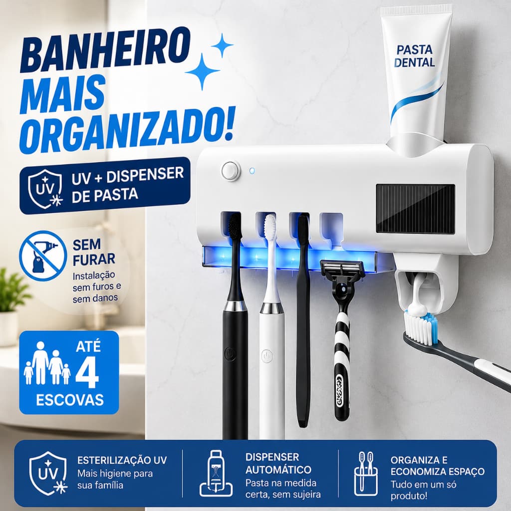 Porta Escova de Dente com UV e Dispenser Automático de Pasta Dental, Suporte de Parede para Banheiro Sem Furar