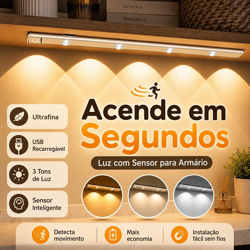 40/60/80cm Luminária LED para Armário Sensor de Movimento USB Recarregável Magnética 3 Cores