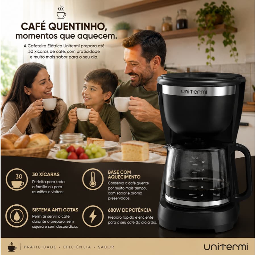 Cafeteira Elétrica 1,2 Litros  30 Xícaras 127V Compacta Unitermi