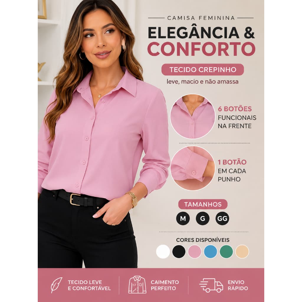 Camisa Social Feminina Crepinho Premium Manga Longa Elegancia confortavel entrega 24 horas