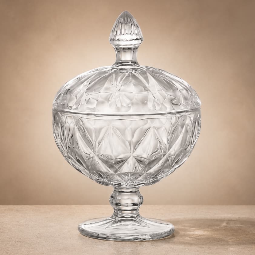 Potiche de Vidro C/ Pé Diamond Transparente Baleiro Bomboniere 12x18x5cm Resistente