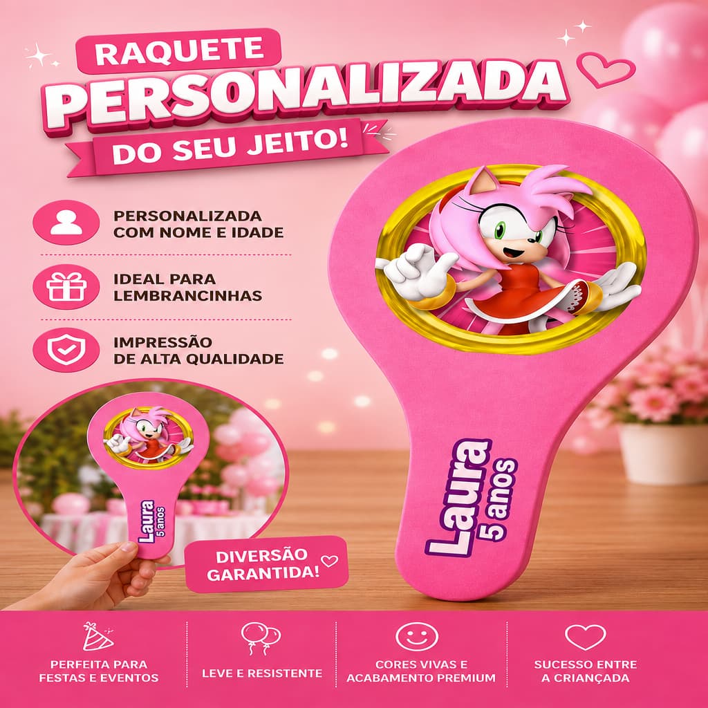 Kit 34 Pares Raquetes Personalizadas Amy Rose Ping Pong Lembrancinha Aniversario