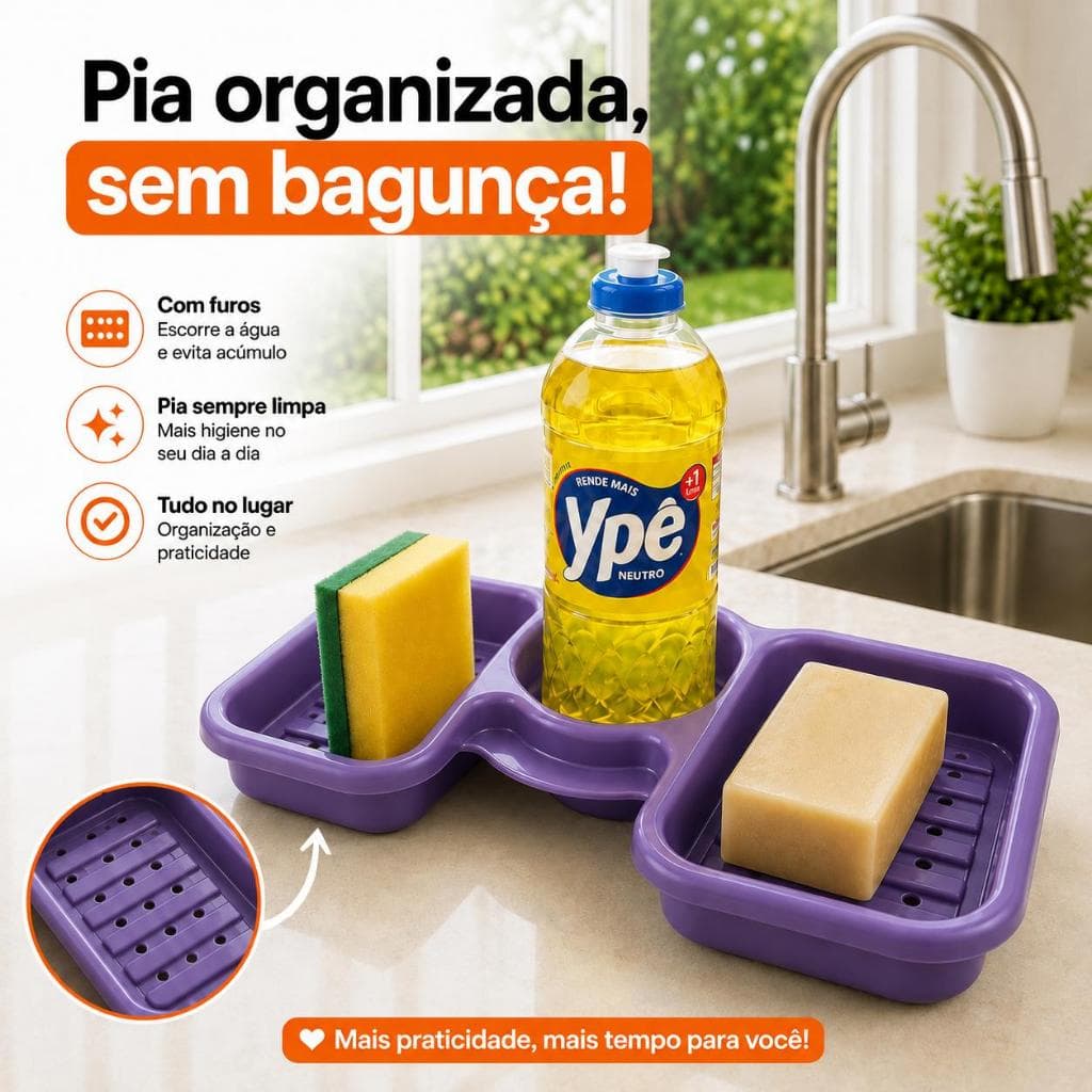 Porta Detergente e Esponja para Pia Suporte Sabão Cozinha Bucha Roxo Coisas de Cozinha