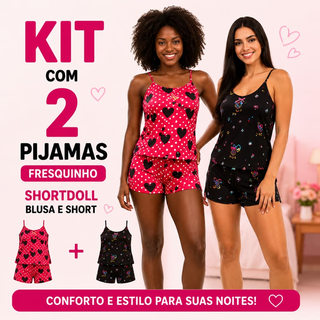 Kit com 2 Pijamas Fresquinho - Shortdoll Babydoll Sem Bojo Conjunto De Dormir
