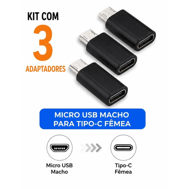 Kit 3x Adaptador Tipo C para Micro USB - Conversor Original USB-C Fêmea para Micro USB