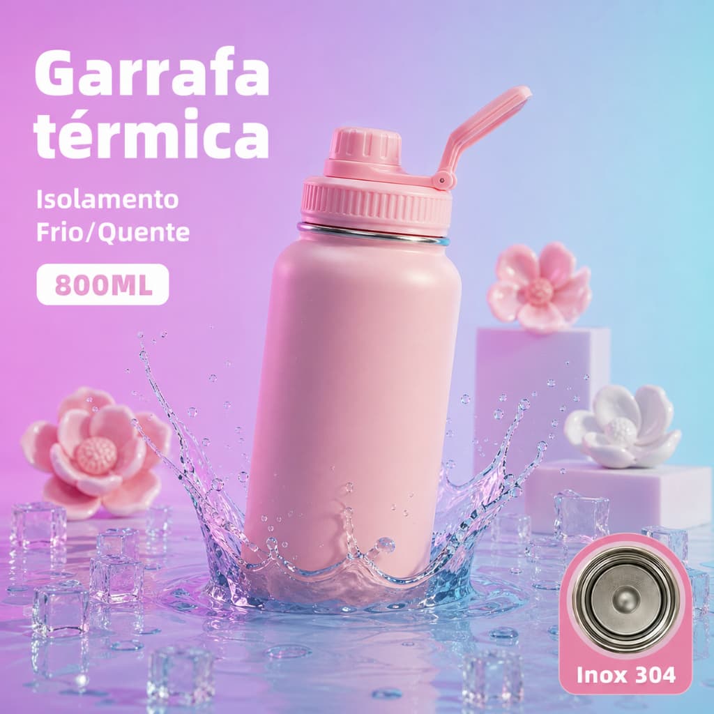 Garrafa Térmica 800ml Inox 304 24h Gelado/12h Quente Alça Pura Colorida Carro Camping Academia Trabalho