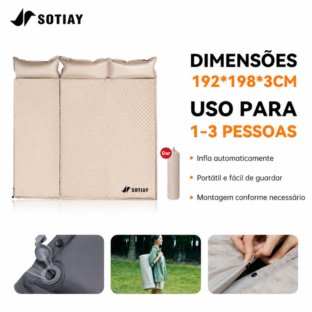 Este colchão inflável com bolsa de armazenamento é perfeito para acampar, nadar e outros usos, e pode ser montado.