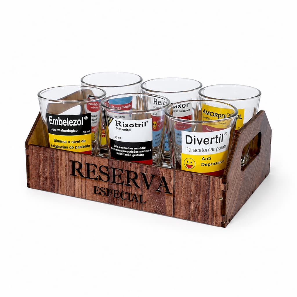 Kit 6 Copos de Dose 60ml com Suporte de Madeira Reserva Especial para Bar Área Gourmet Presente