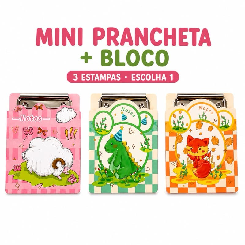 Mini Prancheta com Bloco de Notas 30 Folhas 67x90mm Kawaii