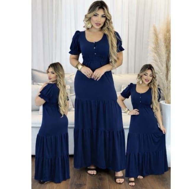 Vestido Longo Feminino com elastec na cintura Casual moda Evangelina Executiva com Elastano liso
