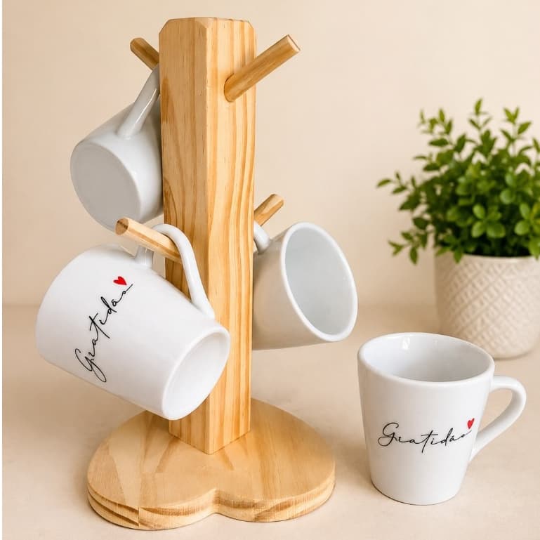 Kit Suporte Madeira c/ 4 Xicaras para Cafe 120ml Decoração Cantinho do Café