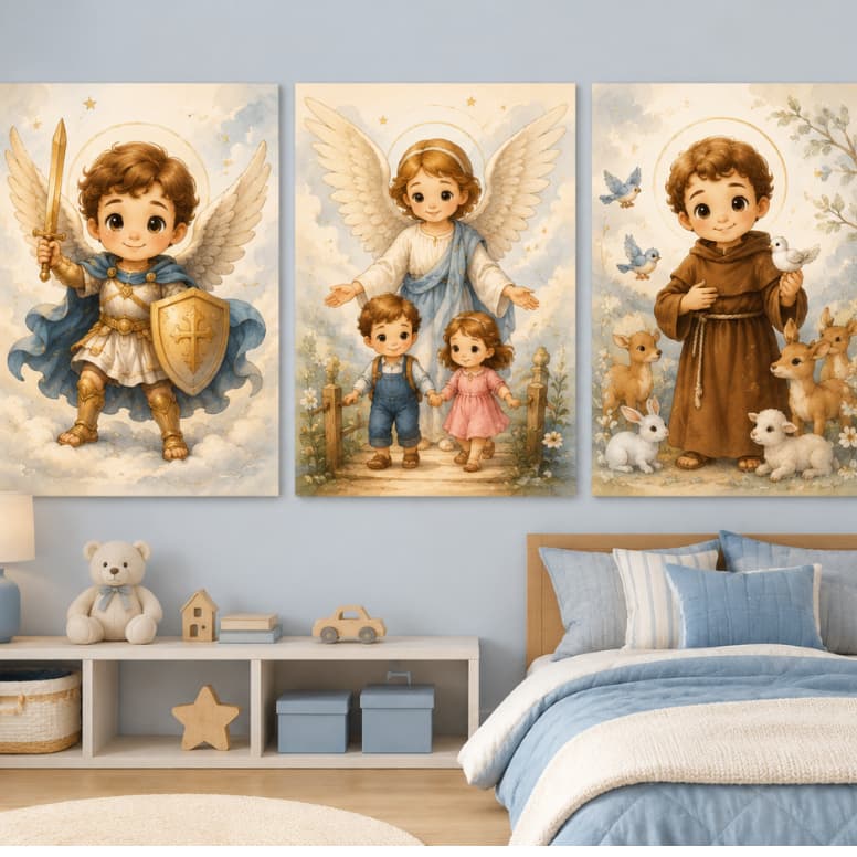 Kit Quadros Decorativos 3 Peças Religioso Infantil São Miguel Arcanjo Anjo São Francisco Assis Fé