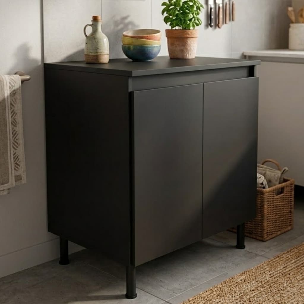 Balcao Multiuso Cozinha 70cm 2 Portas Com Tampo Armario Gabinete Para Bebedouro Microondas Lavanderia Preto