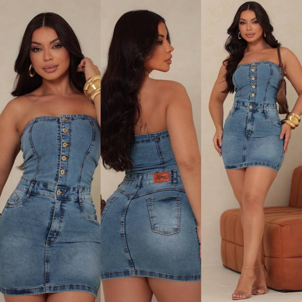 VESTIDO JEANS FEMININO TOMARA QUE CAIA ✨ Arrase no look com este lindo jeans feminino, moderno, estiloso