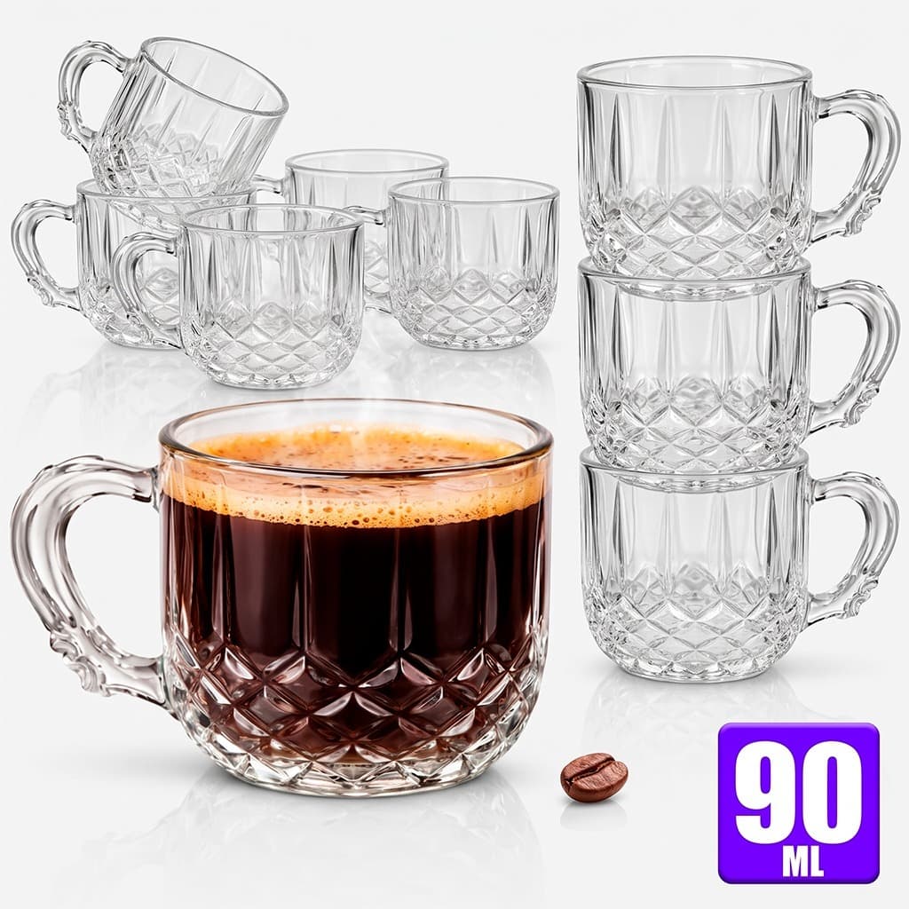 KIT 12/06 Xicara Canecas Berlin Detalhada Café Chá Vidro Cristal Elegancia 90ML Lapidada