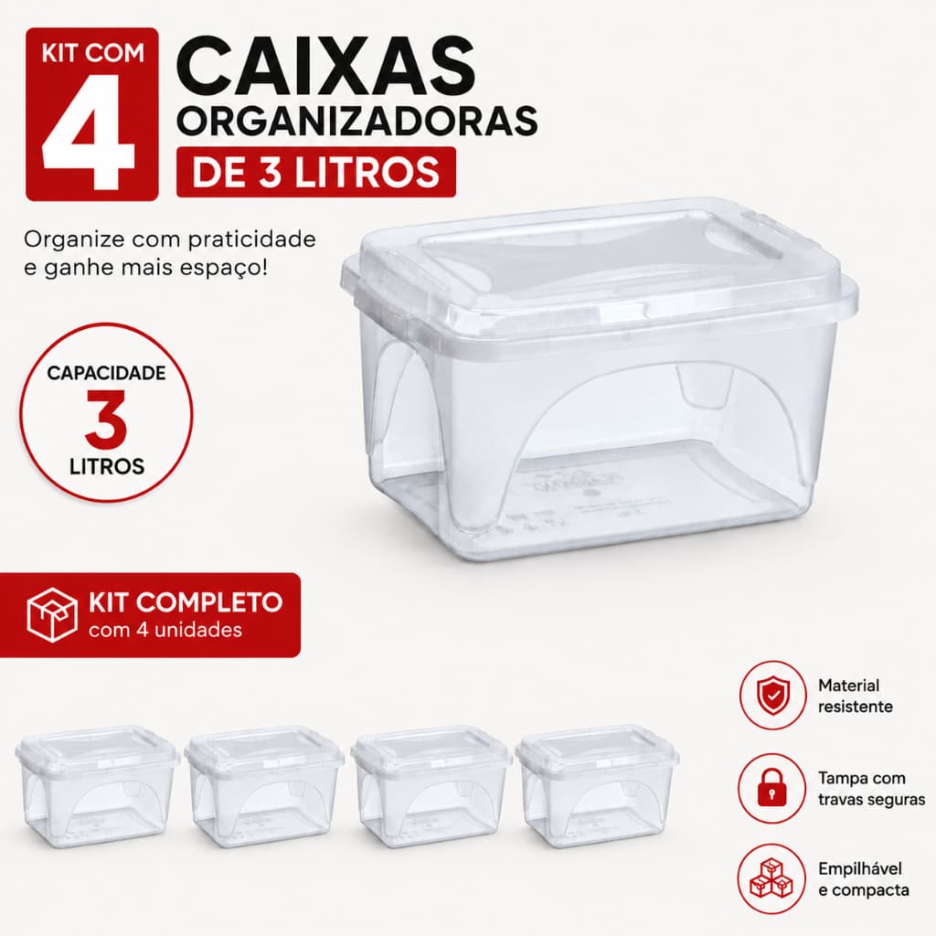 Kit 4 Caixas Organizadoras 3L Multiuso Para Guardar Linhas Cabos Brinquedos